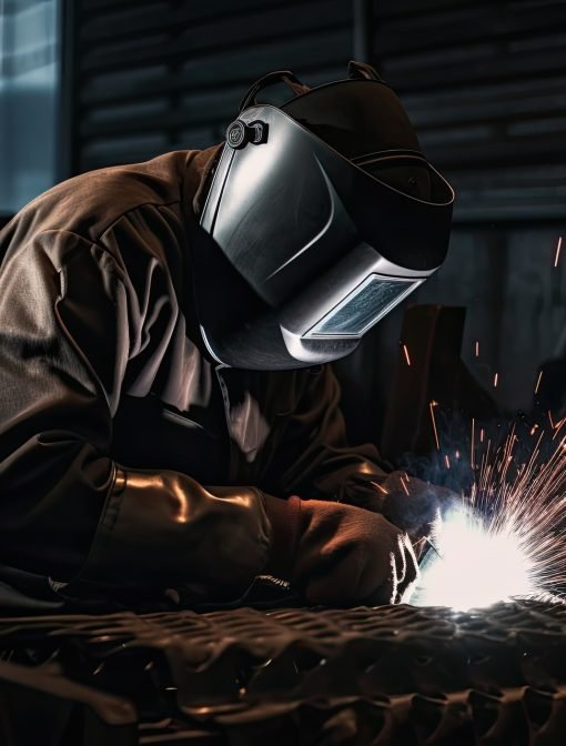 Welder working in the factory. Worker wearing protective clothing and welding mask. An Industrial welder wearing full protection and walding, AI Generated